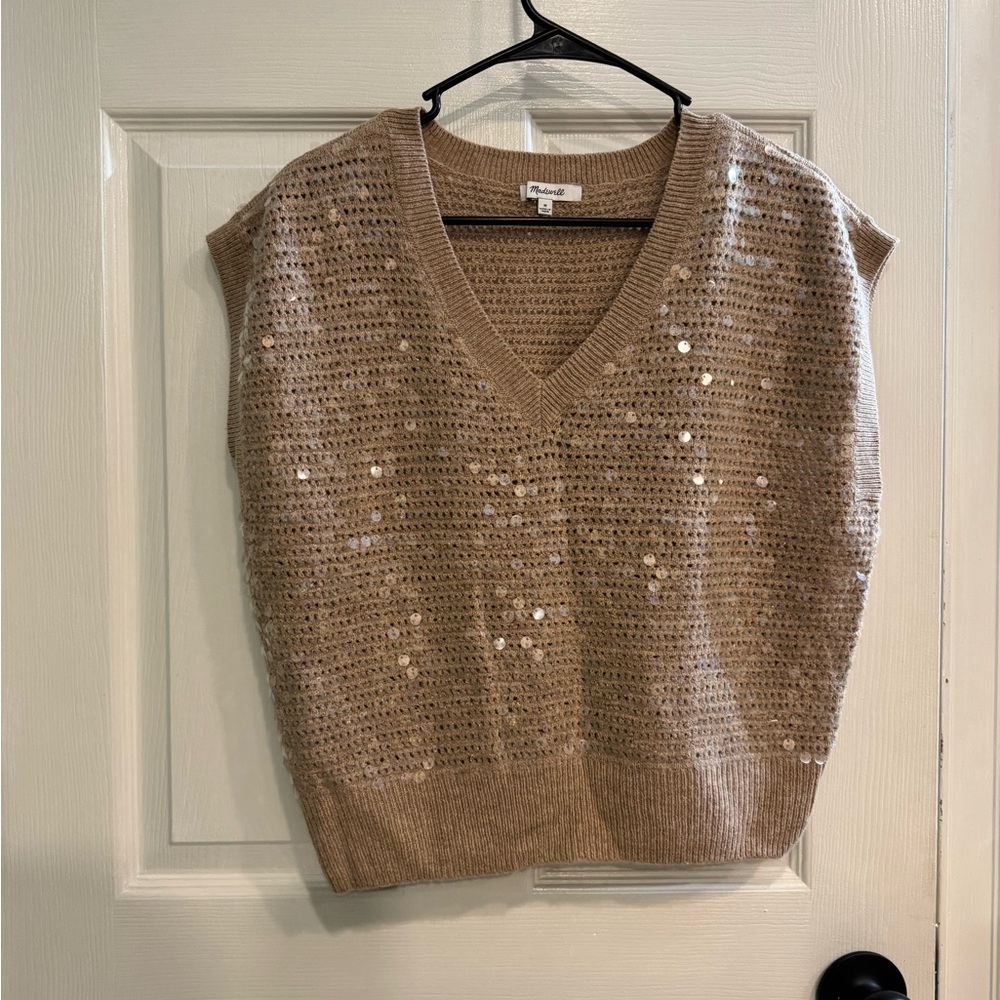 Madewell Beige Sequin V-Neck Sweater Vest